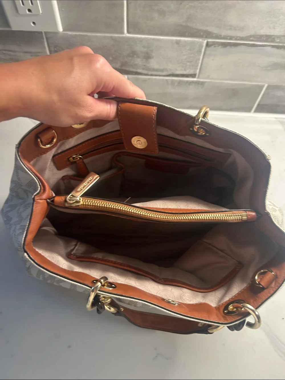 Michael Kors Cynthia Cream MK Logo Tote with Gold Hardware